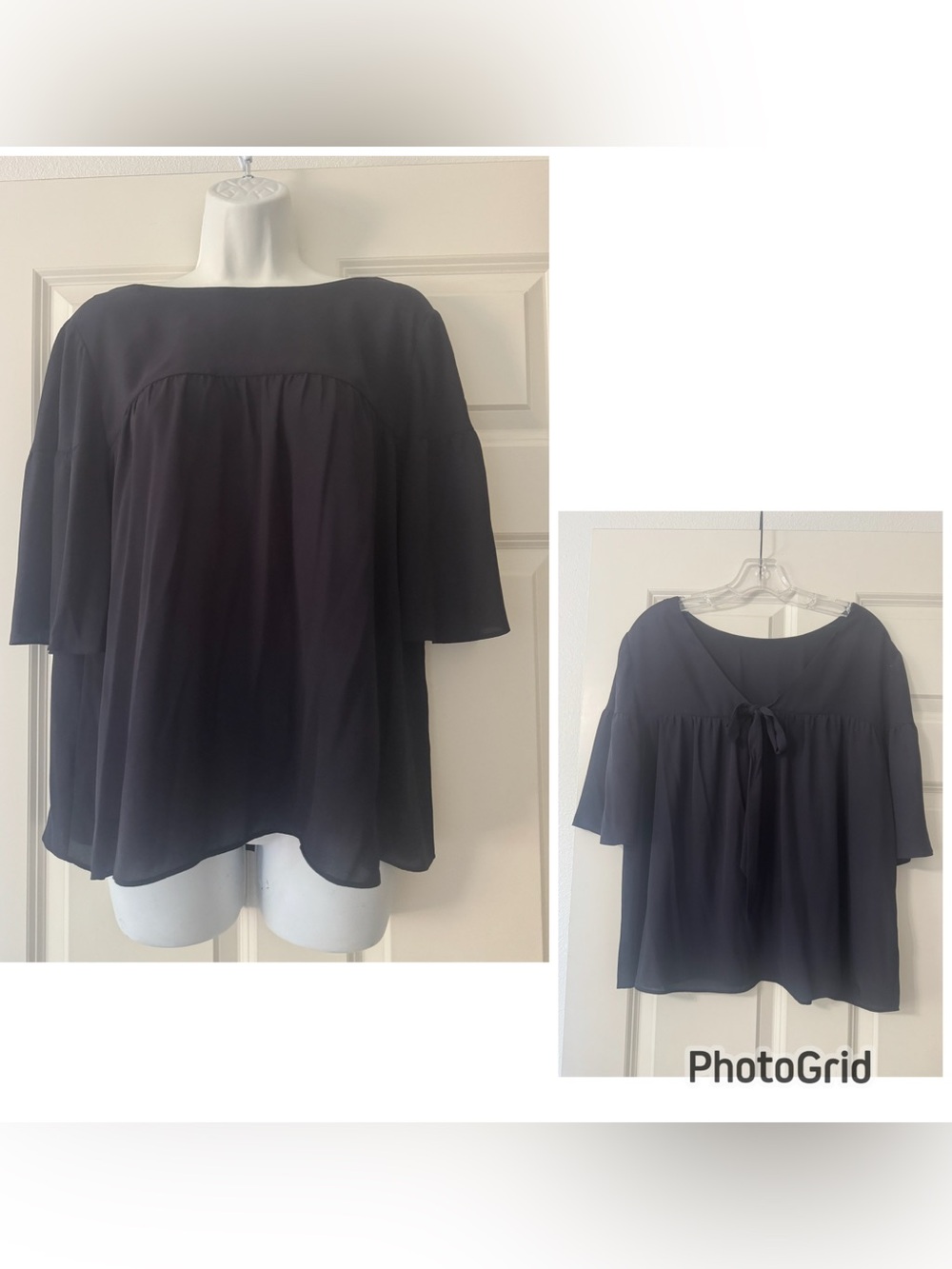 Ann Taylor Dark Navy Bell-Sleeve Back V Neck with Tie Blouse size M